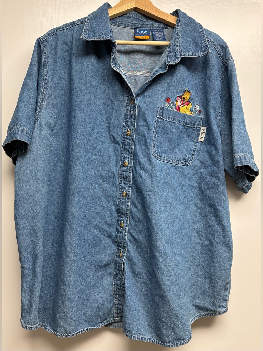 Vintage Disney Pooh Womens 22W 24W Denim Shirt Embroidered Pooh Piglet Flowers